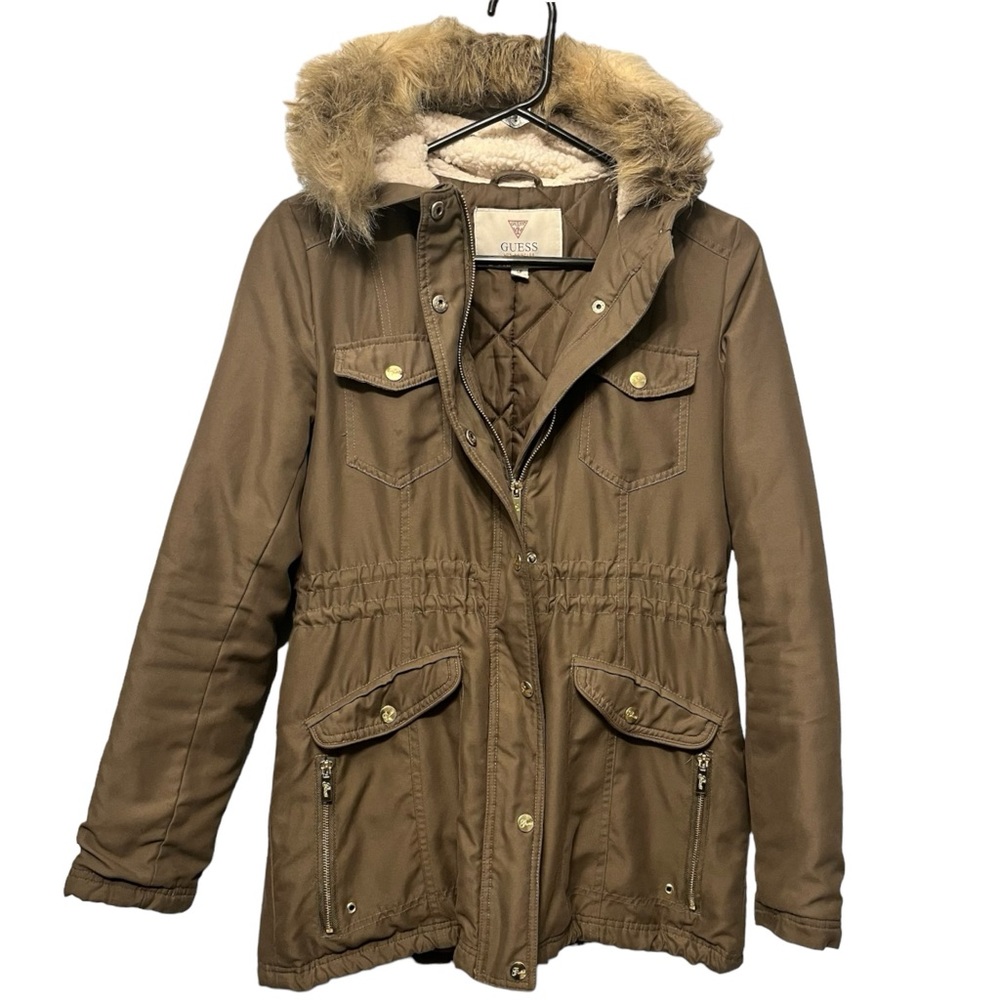 Guess Women’s Faux Fur Fleece Hooded Utility Jacket Coat Size Small
